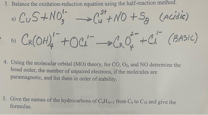 Solved 3. Balance the oxidation-reduction equation using the | Chegg.com