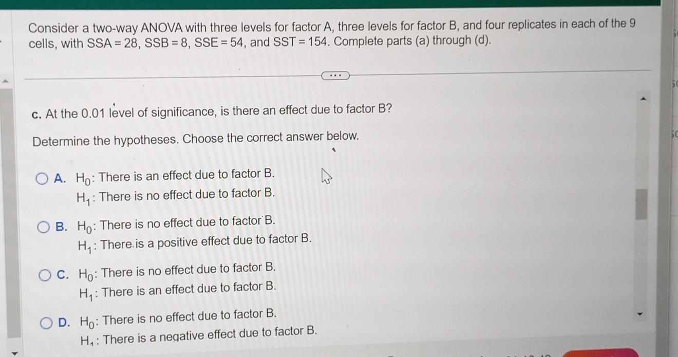 Solved Consider a two-way ANOVA with three levels for factor | Chegg.com