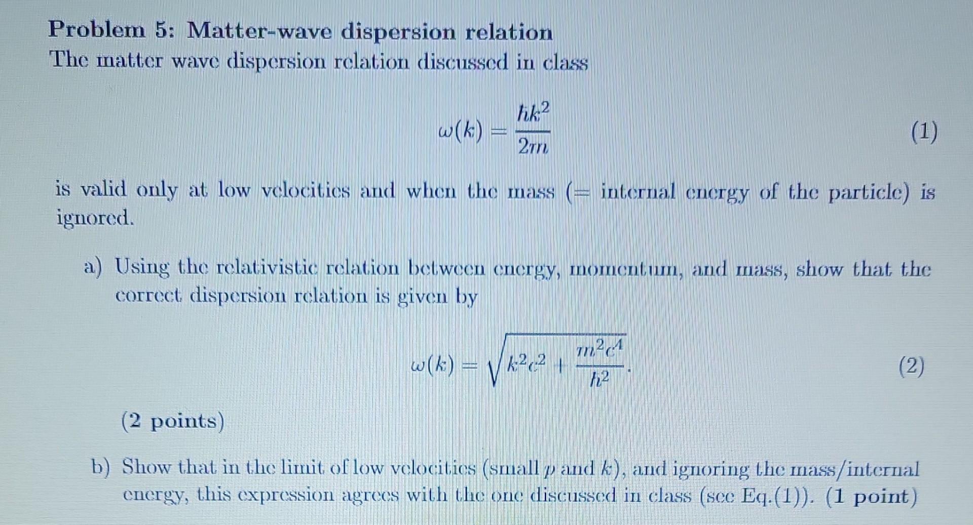 Solved Problem 5: Matter-wave dispersion relation The matter | Chegg.com