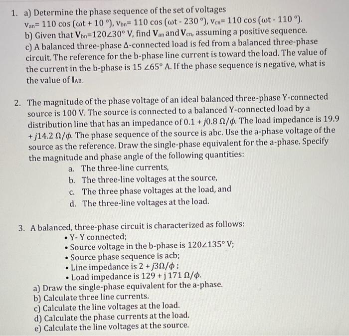 Solved 1. a) Determine the phase sequence of the set of | Chegg.com