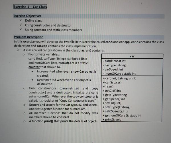 Solved Exercise 1 - Car Class car Exercise Objectives Define | Chegg.com