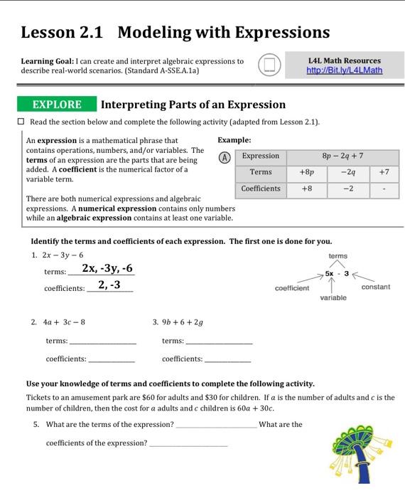 Solved Lesson 2.1 Modeling with Expressions Learning Goal: I | Chegg.com
