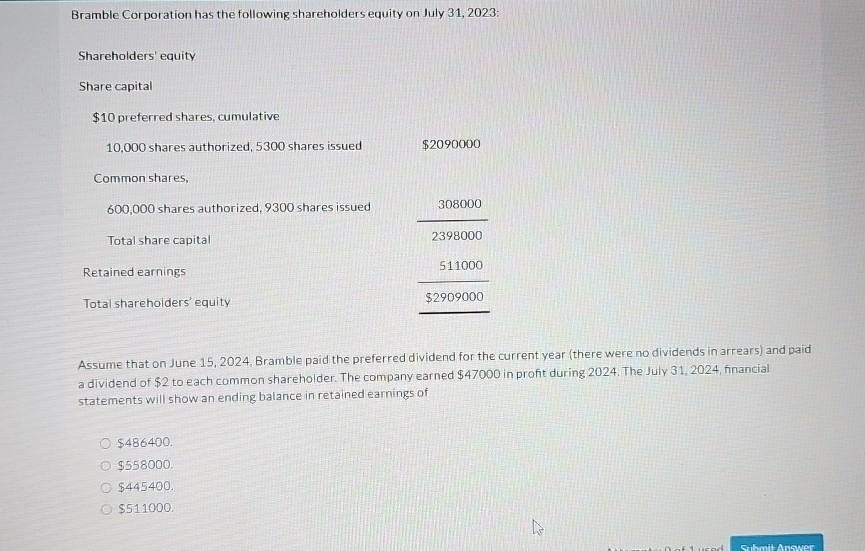 Solved Bramble Corporation Has The Following Shareholders | Chegg.com