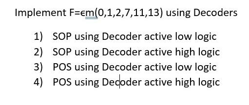Solved Implement F=∈m(0,1,2,7,11,13) using Decoders 1) SOP | Chegg.com