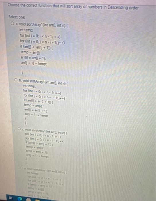 Solved Choose the correct function that will sort array of | Chegg.com