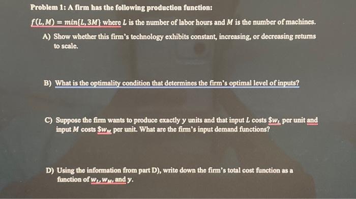 Solved Problem 1: A firm has the following production | Chegg.com
