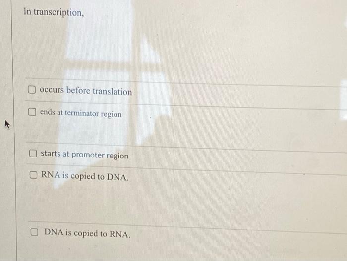Solved In transcription, occurs before translation ends at | Chegg.com