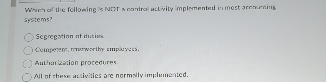 Solved Which of the following is NOT a control activity | Chegg.com