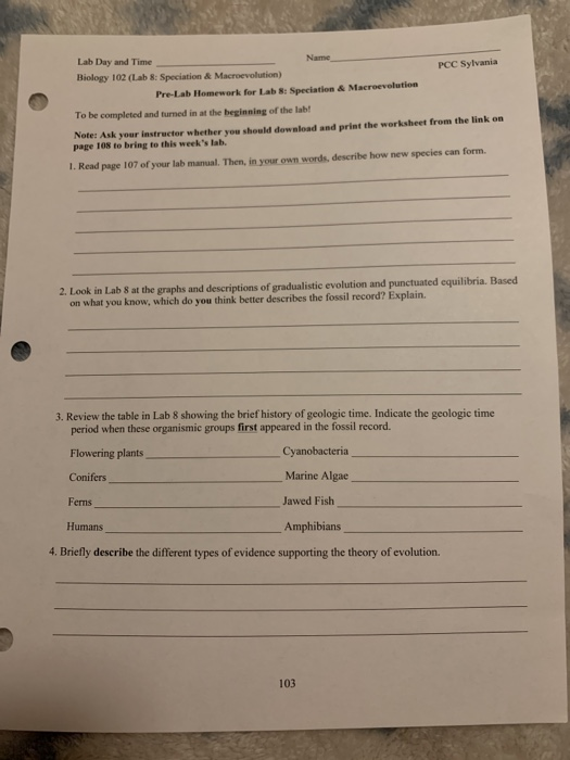 Solved Lab Day and Time Name Biology 102 (Lab 8: Speciation | Chegg.com