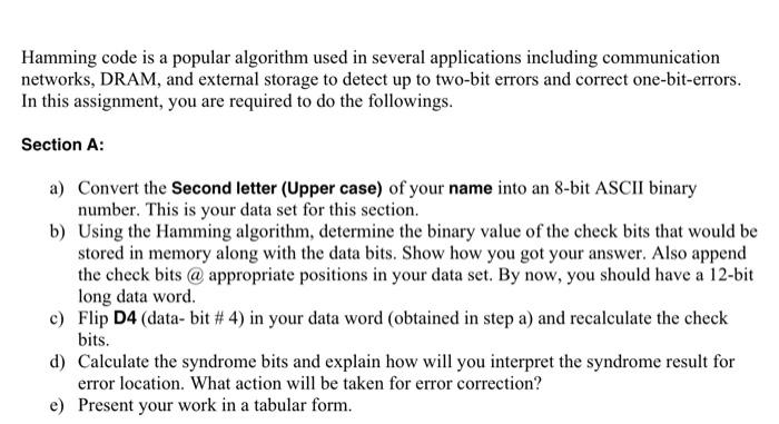 Solved Hamming Code Is A Popular Algorithm Used In Several | Chegg.com