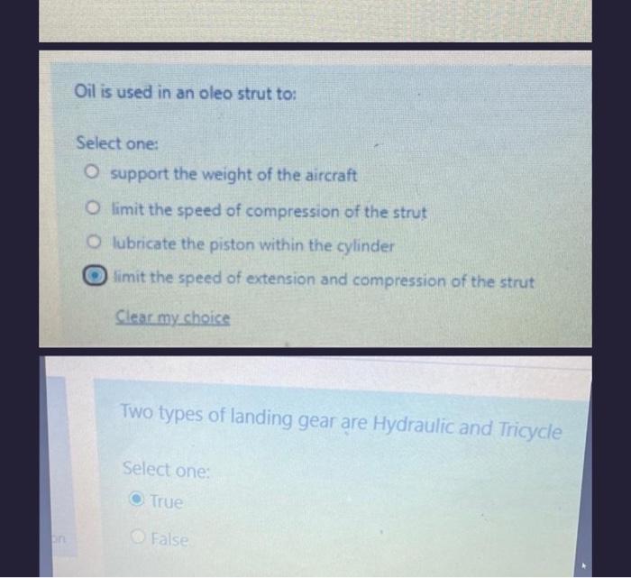 Solved on Oil is used in an oleo strut to: Select one: O | Chegg.com