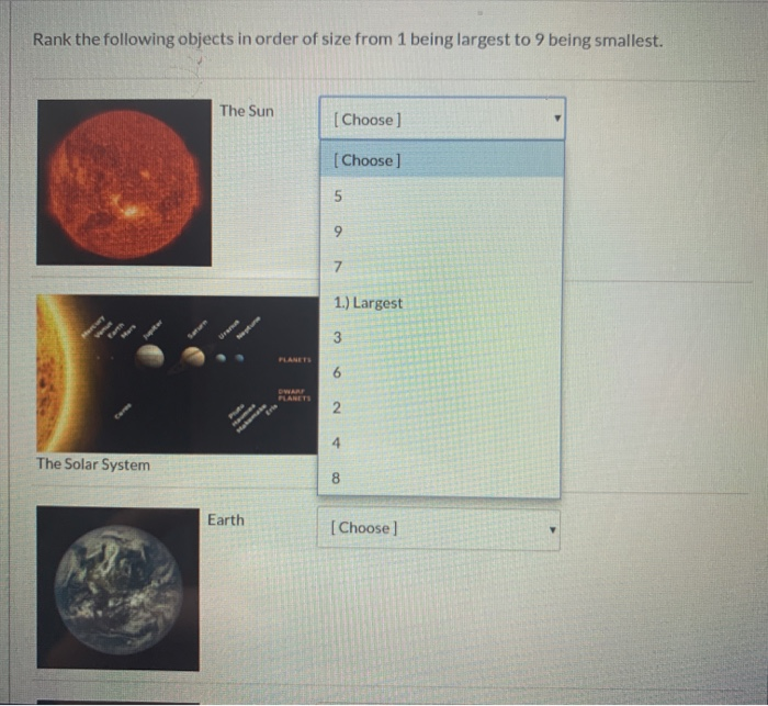 Solved Rank The Following Objects In Order Of Size From 1