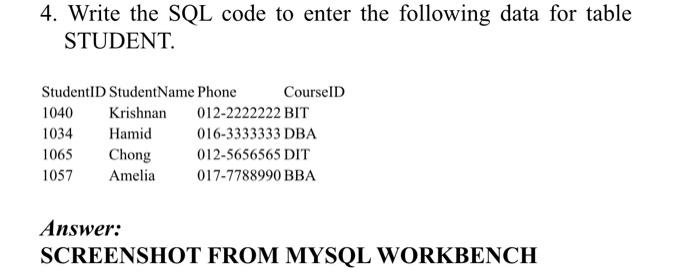 Solved 4. Write the SQL code to enter the following data for | Chegg.com