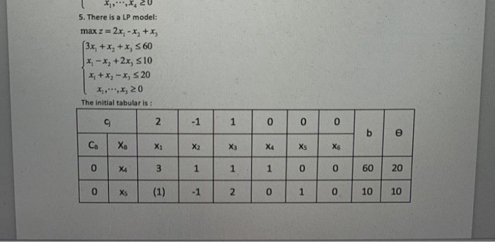 *1.***.*. 2 5. There is a LP model: max z = 2x, - X, +x (3x + x2 + x, 360 J*, -x, +2x, 510 *+x-x, 520 ,,,*, 20 The initial ta