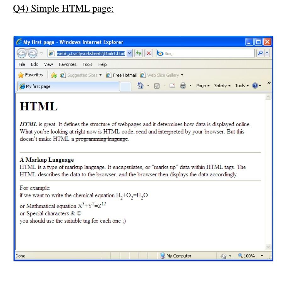 Solved (4) Simple HTML page: X Х Bing My first page 