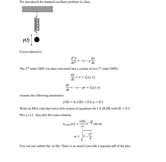 Solved We introduced the damped oscillator problem in class.