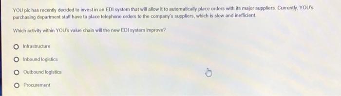 Solved YOU plc has recently decided to invest in an EDI | Chegg.com
