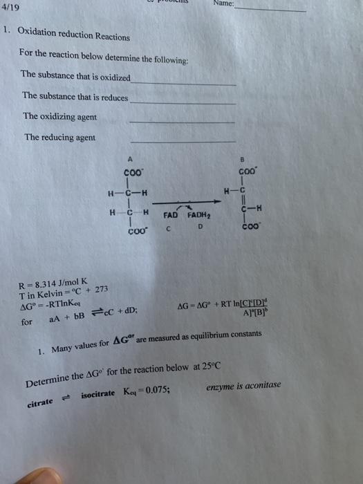 Solved 4/19 Name: 1. Oxidation Reduction Reactions For The | Chegg.com