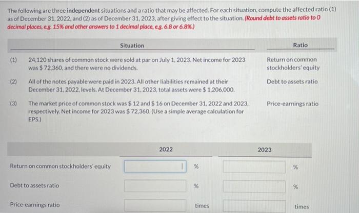Solved The following are three independent situations and a | Chegg.com