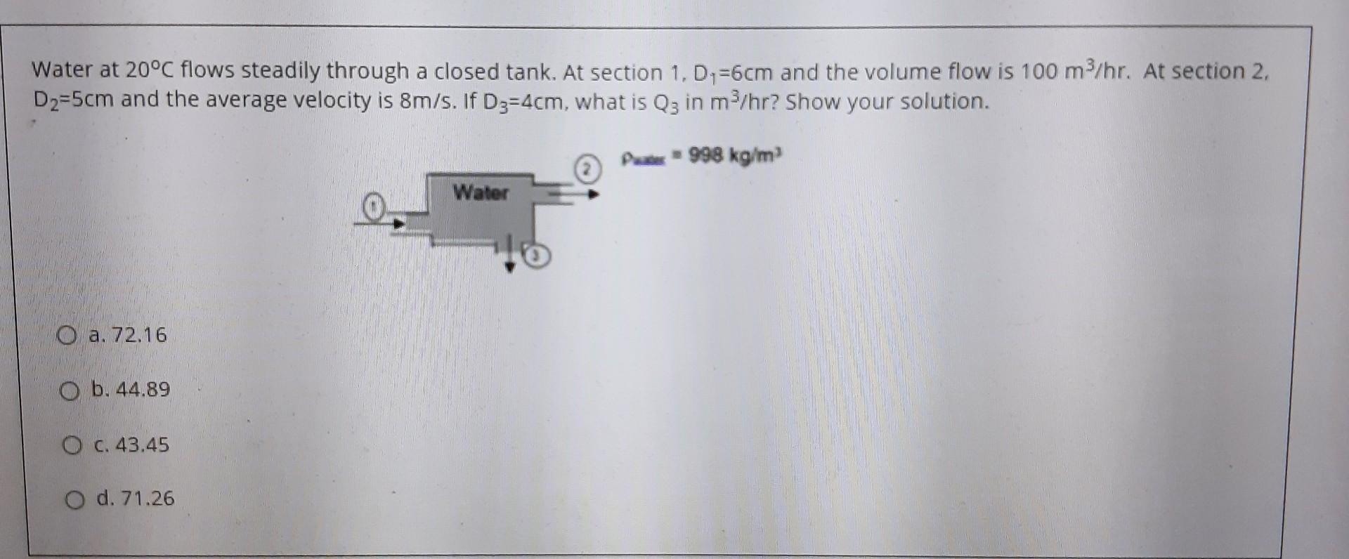 Solved Water at 20°C flows steadily through a closed tank. | Chegg.com