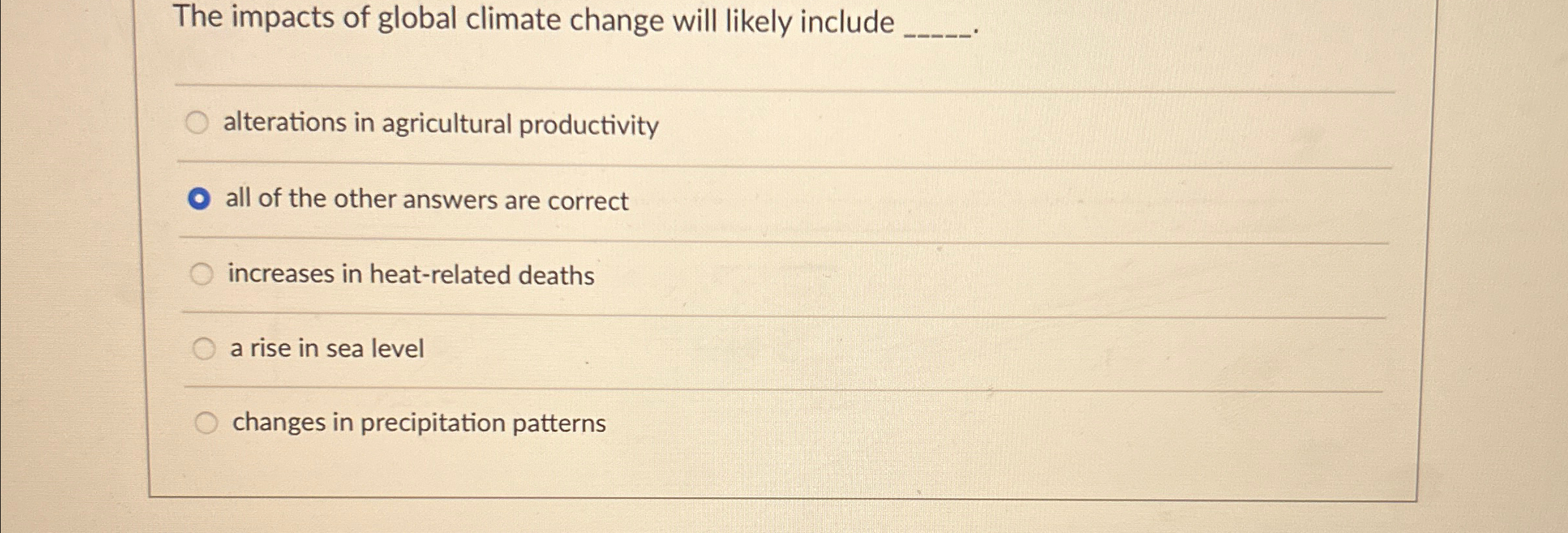 Solved The impacts of global climate change will likely | Chegg.com
