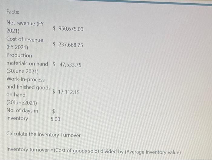 Solved Calculate The Inventory Turnover Inventory Turnover | Chegg.com