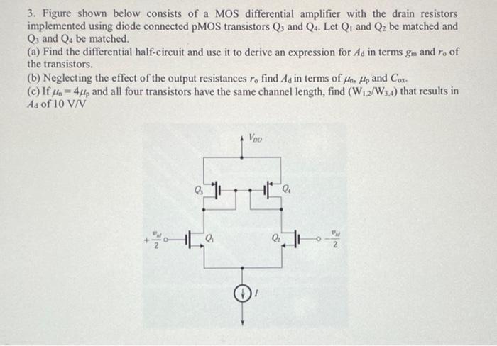 Solved 3. Figure shown below consists of a MOS differential | Chegg.com