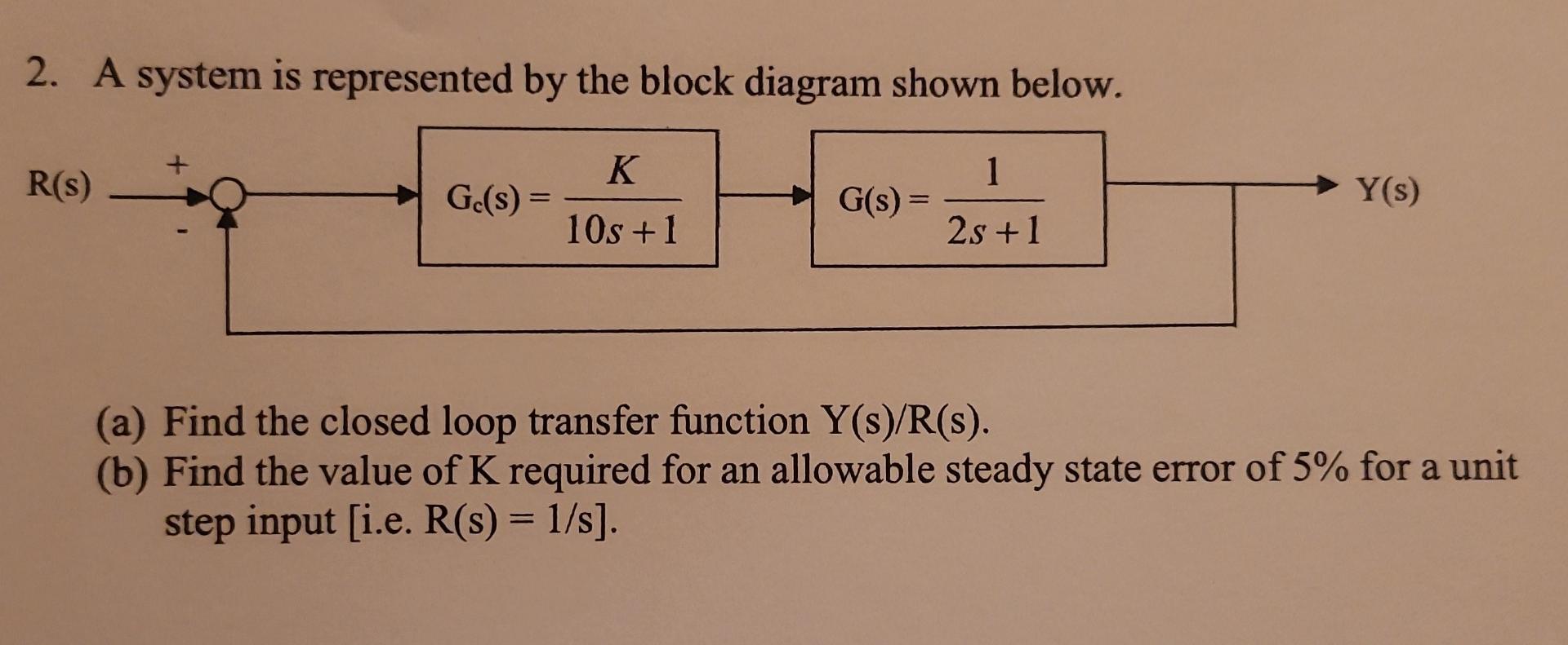 2. A system is represented by the block diagram shown below.
(a) Find the closed loop transfer function \( \mathrm{Y}(\mathrm