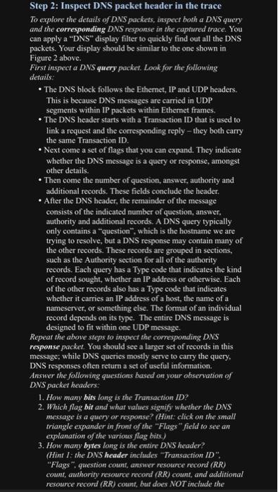 Step 2: Inspect DNS packet header in the trace
To explore the details of DNS packets, inspect both a DNS query and the corres