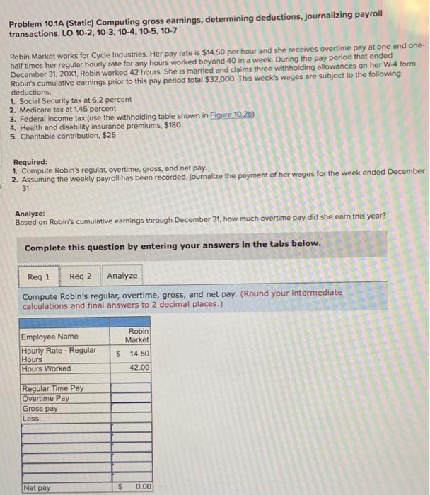 Solved Problem 10.1A (Static) Computing Gross Earnings, | Chegg.com