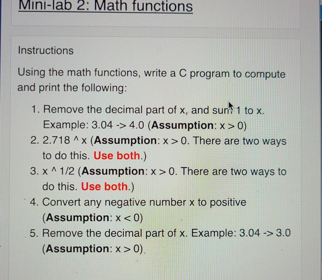 Solved Mini-lab 2: Math functions Instructions Using the | Chegg.com