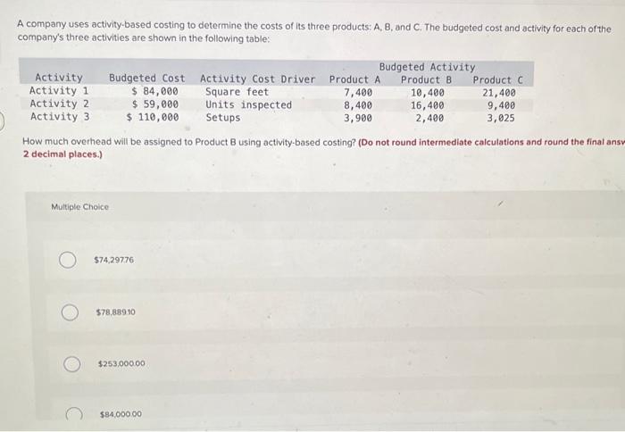 Solved A Company Uses Activity-based Costing To Determine | Chegg.com