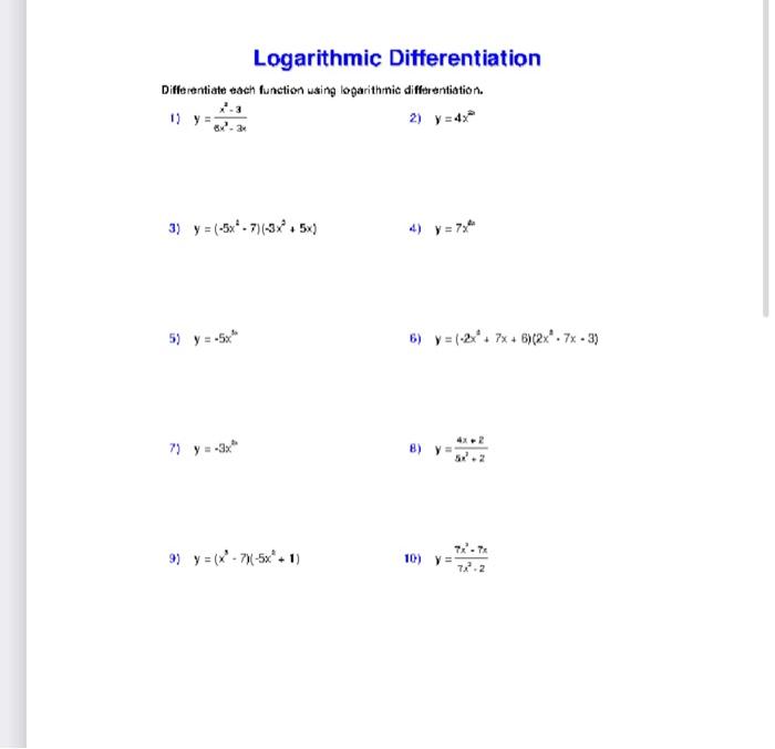 Logarithmic Differentiation Differentiate each function wasing logarithmic differentiation. 1) \( y=\frac{x^{2}-3}{8 x^{3}-3