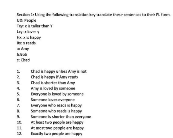 Solved Section 1: Using the following translation key | Chegg.com