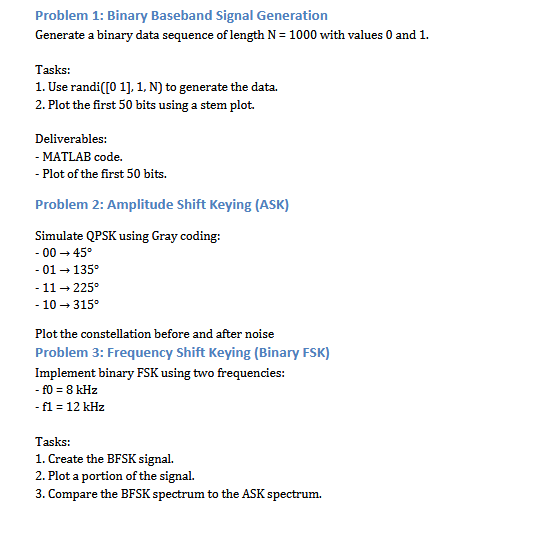 Solved Problem 1: Binary Baseband Signal GenerationGenerate | Chegg.com