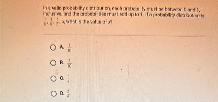 In a valid probability distribution, each probability must be between 0 and 1 , inclusive, and the probabilities must add up