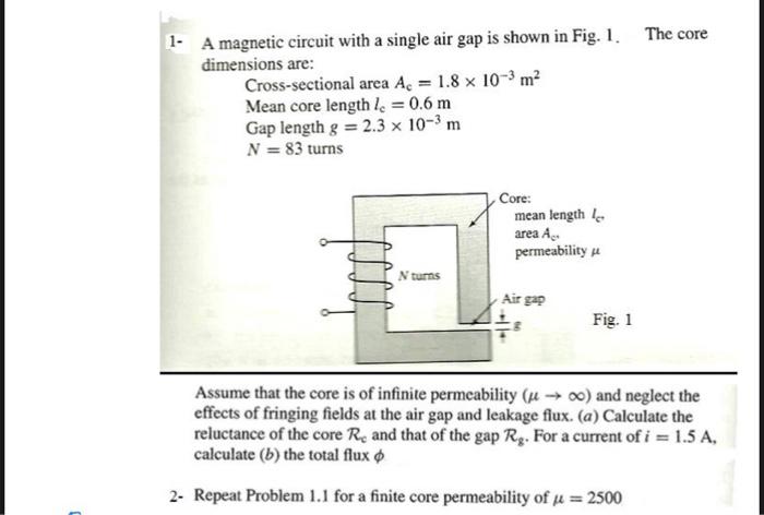 Solved 1- A magnetic circuit with a single air gap is shown | Chegg.com