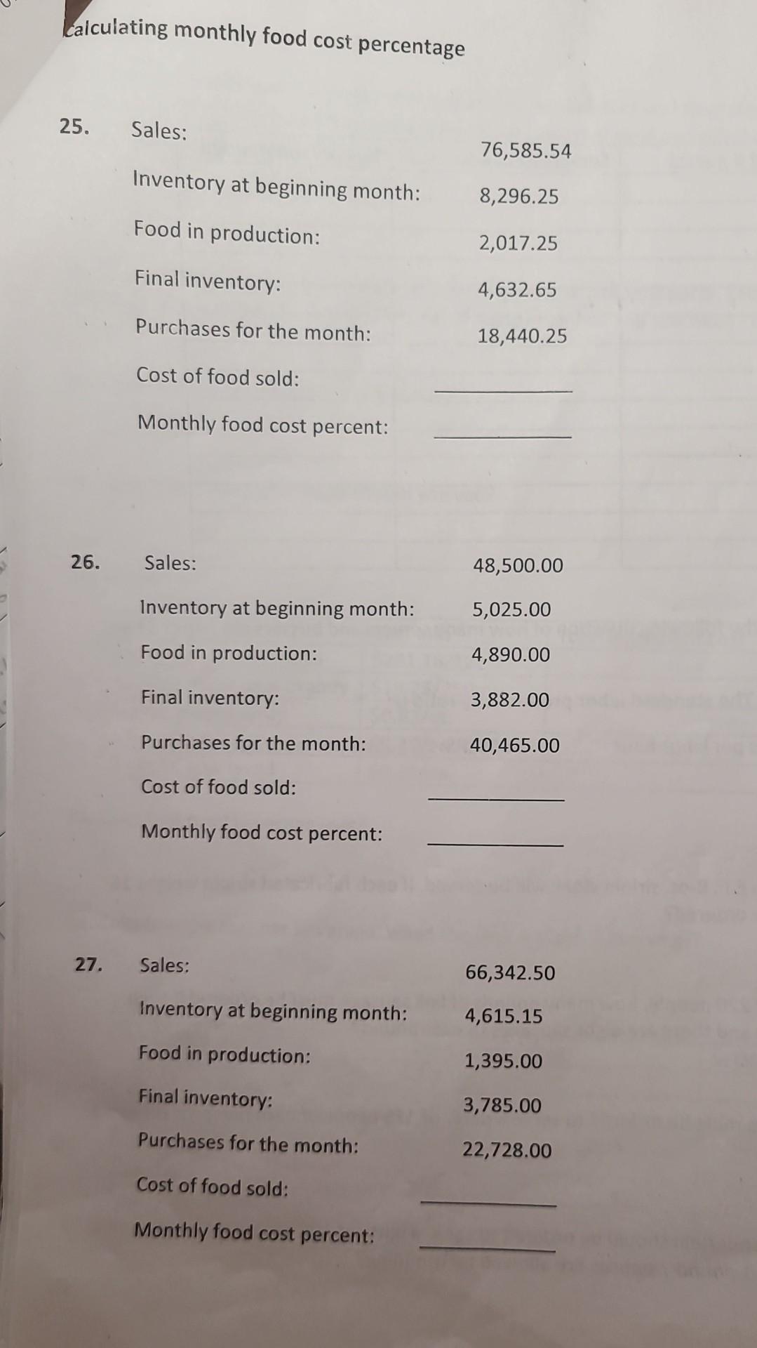 Solved calculating monthly food cost percentage | Chegg.com