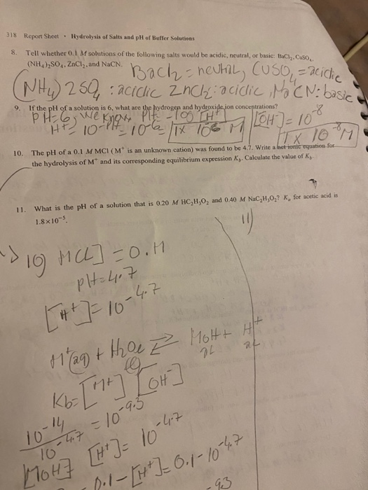 Solved 318 Report Sheet . Hydrolysis of Salts and pH of