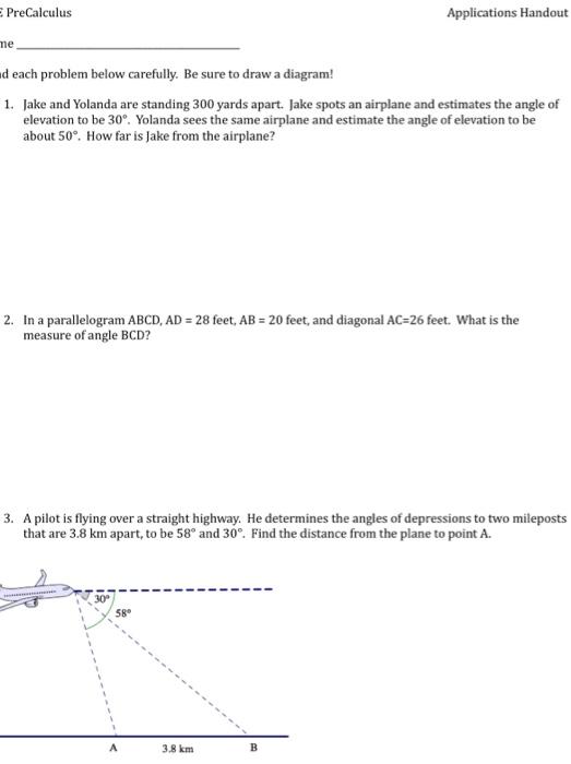 Solved PreCalculus Applications Handout ne d each problem | Chegg.com