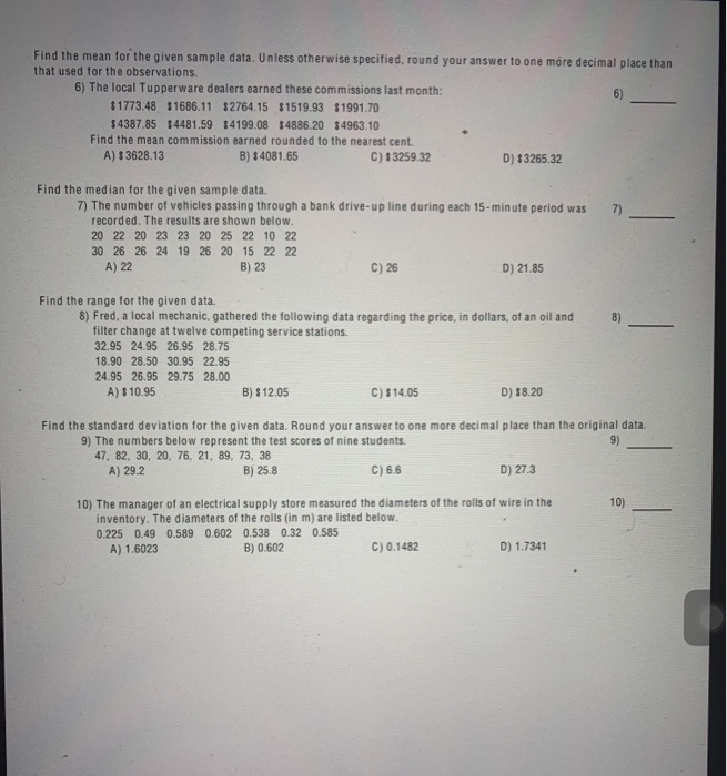 Solved Find the mean for the given sample data. Unless | Chegg.com