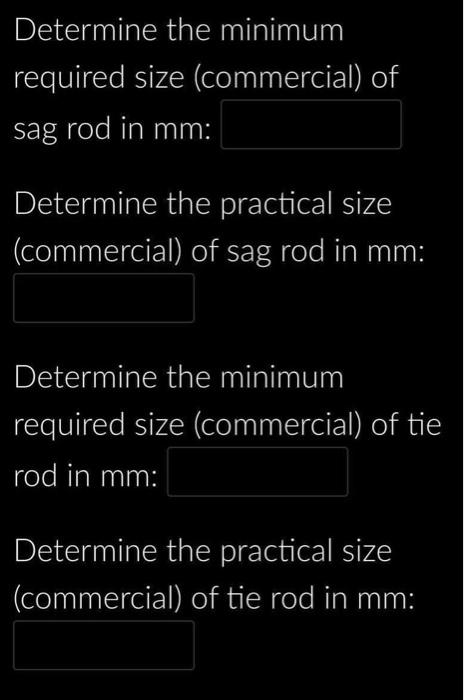 Determine the minimum required size (commercial) of sag rod in \( \mathrm{mm} \) :

Determine the practical size (commercial)