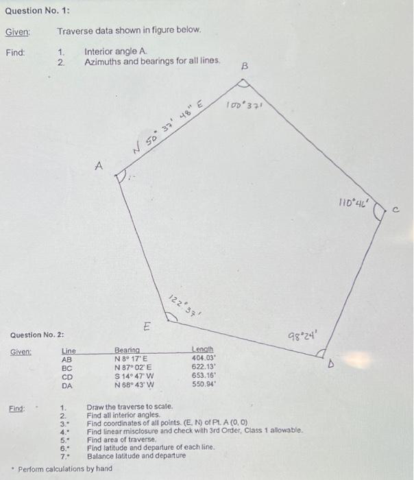 Solved Question No. 1: Given: Traverse data shown in figure | Chegg.com