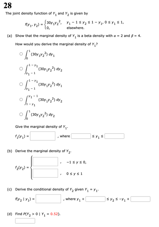 Solved 28The joint density function of Y1 ﻿and Y2 ﻿is given | Chegg.com