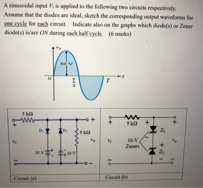 Solved A sinusoidal input Vi is applied to the following two | Chegg.com
