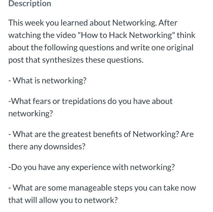 This week you learned about Networking. After | Chegg.com