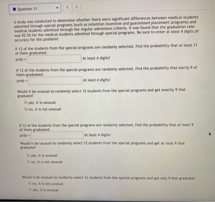 Solved > Question 11 A study was conducted to determine | Chegg.com