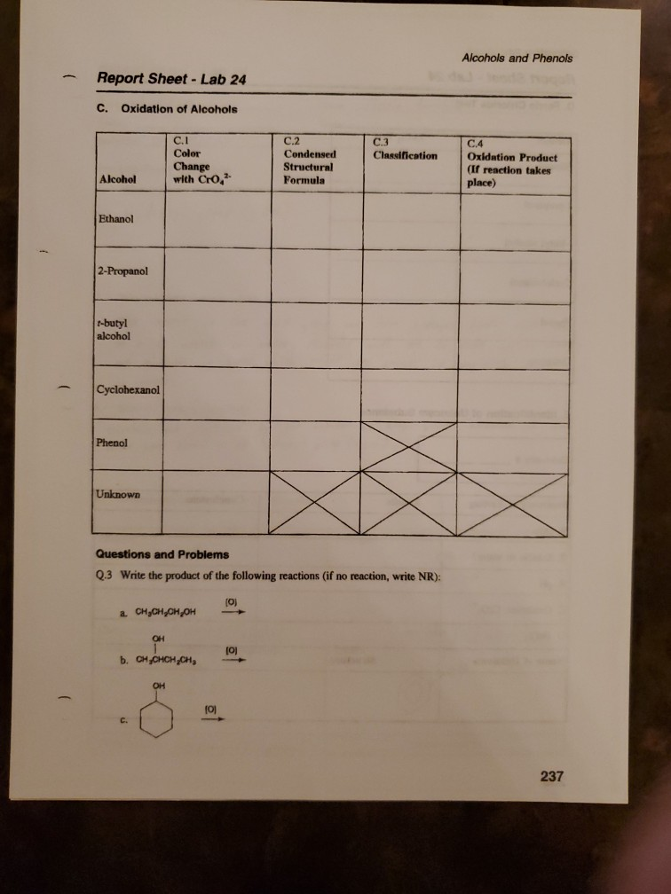 Solved Alcohols and Phenols Report Sheet Lab 24 C.