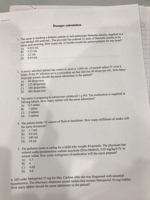 Solved Dosages calculation 1. The nurse is teaching a | Chegg.com