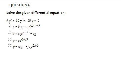 Solve the given differential equation. \[ \begin{aligned} 9 y^{\prime \prime}+ & 30 y^{\prime}+25 y=0 \\ y & =\left(c_{1}+c_{